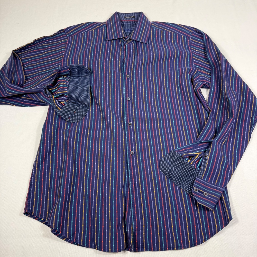 Bugatchi Uomo Button Dwn Shirt L Navy Blue Multi Stripe Contrast Cuff Cotton